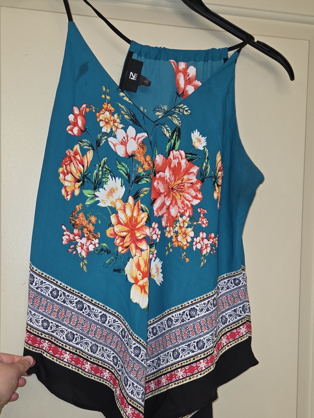 Nola Teal Floral Print Camisole with Multicolor Border